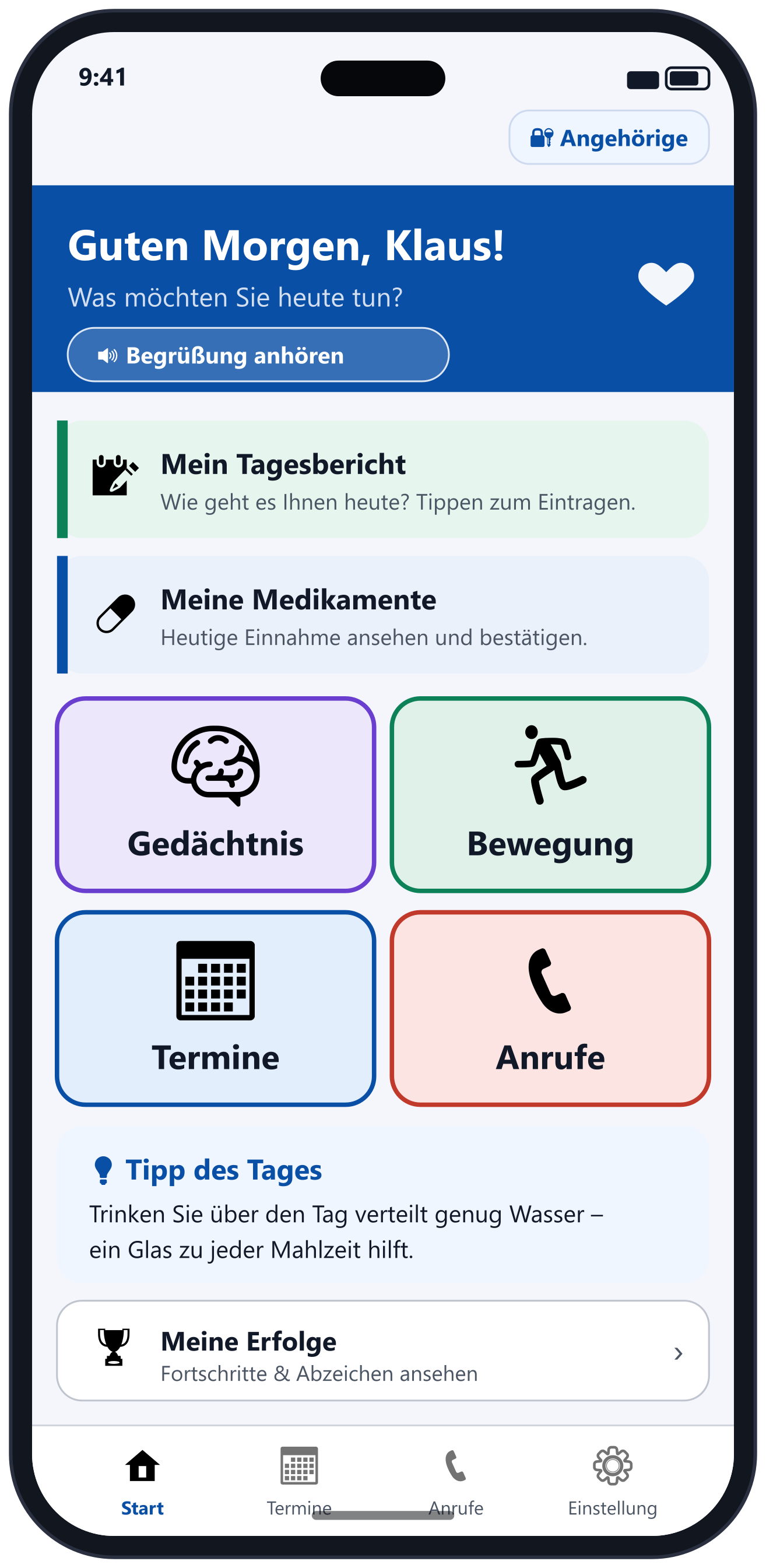 fillip Startseite für Senioren mit großen Kacheln