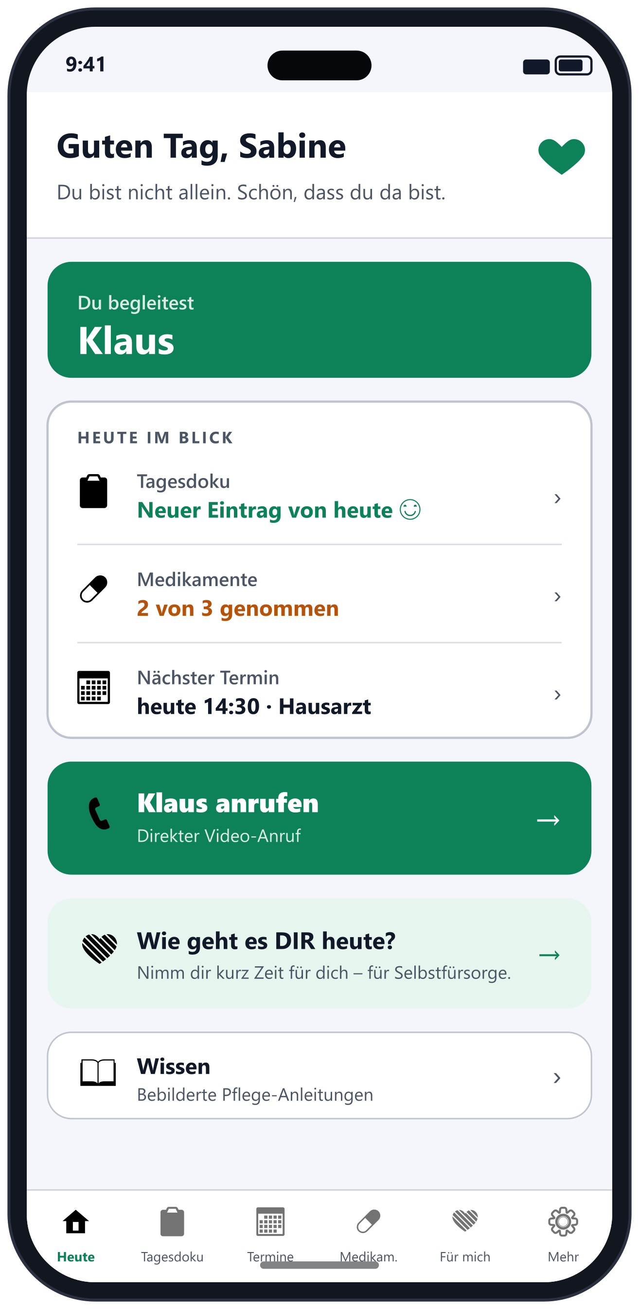Dashboard für Angehörige in der fillip-App