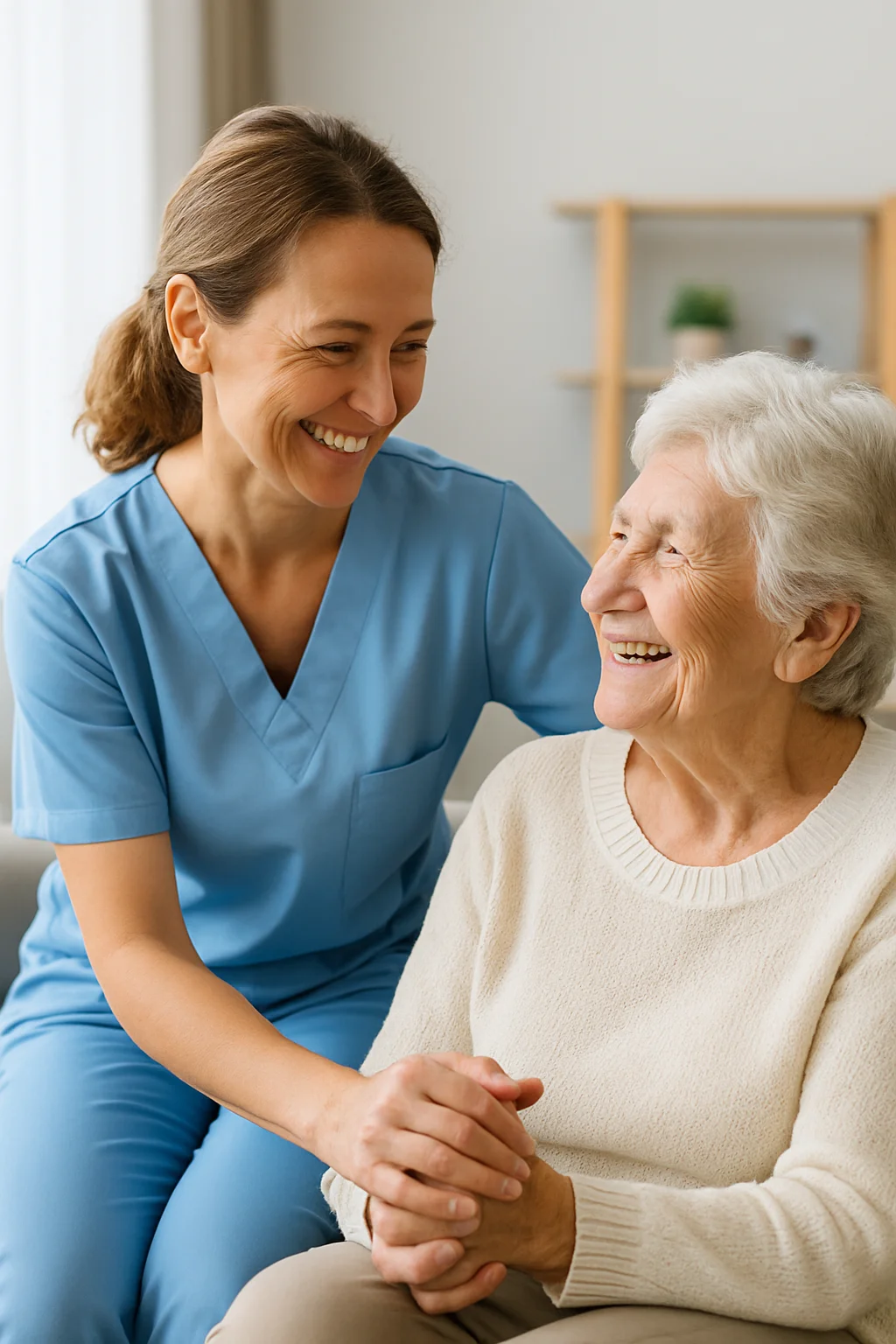 Pflegerin und Seniorin zu Hause