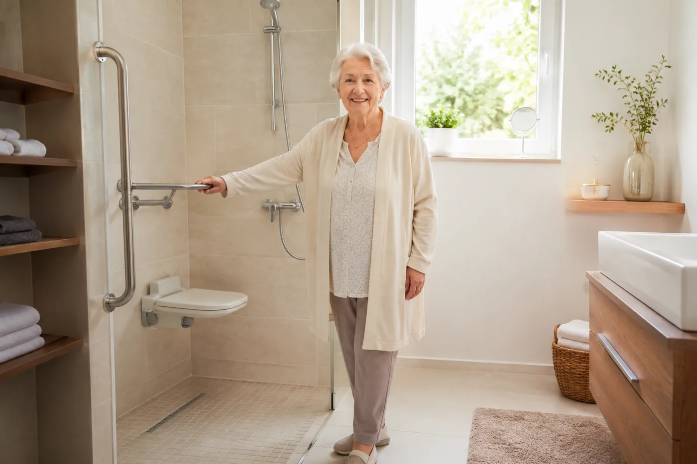 Ältere Dame im barrierefreien Bad mit bodengleicher Dusche und Haltegriff
