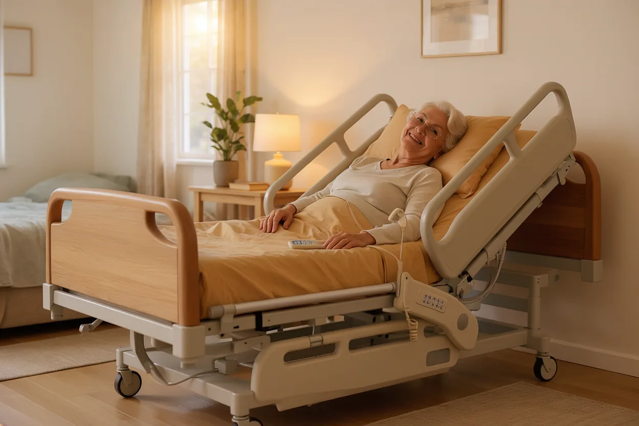 Modernes, elektrisch verstellbares Pflegebett mit Seitengitter