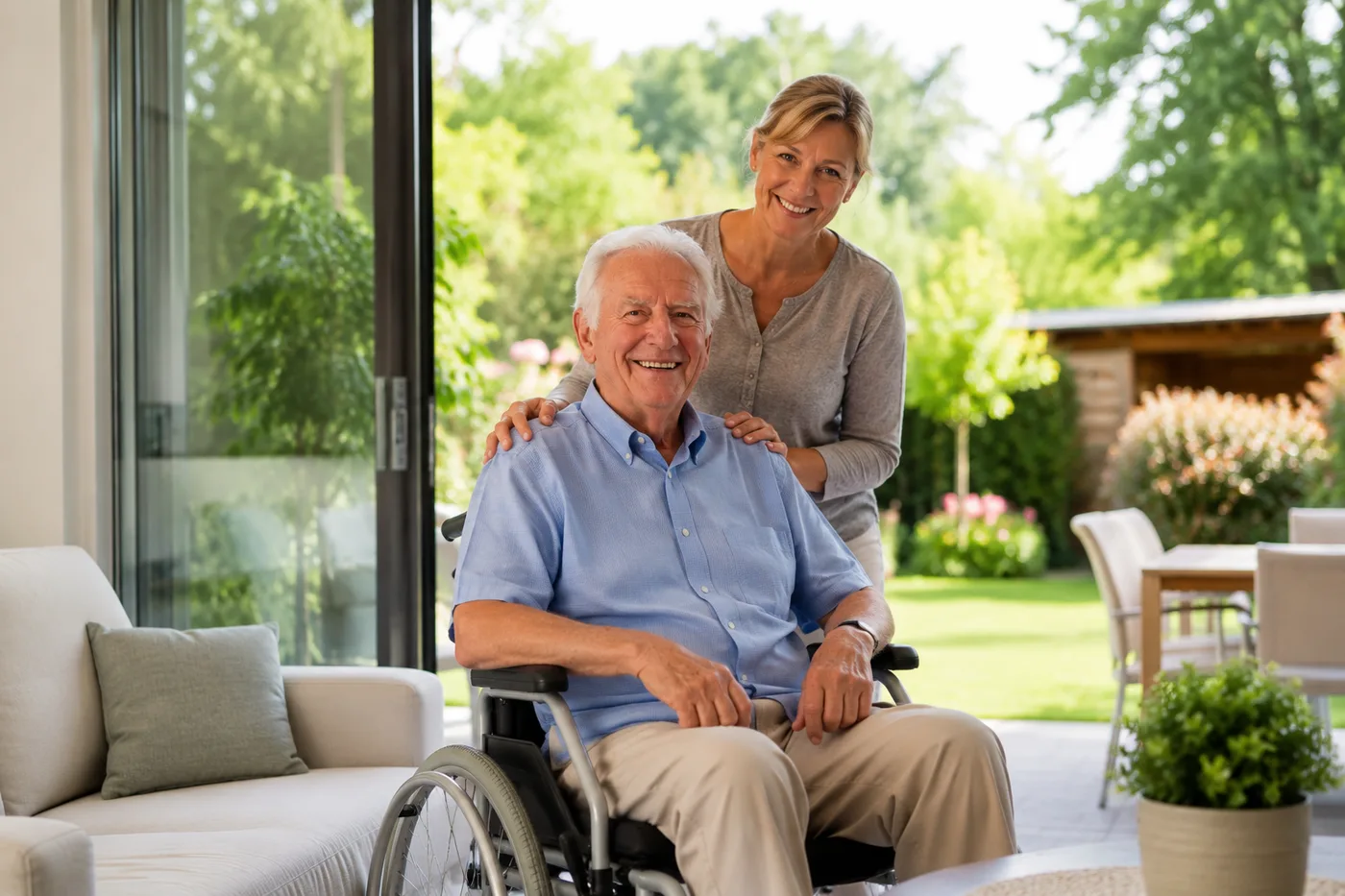 Glücklicher älterer Mann in einem modernen Rollstuhl
